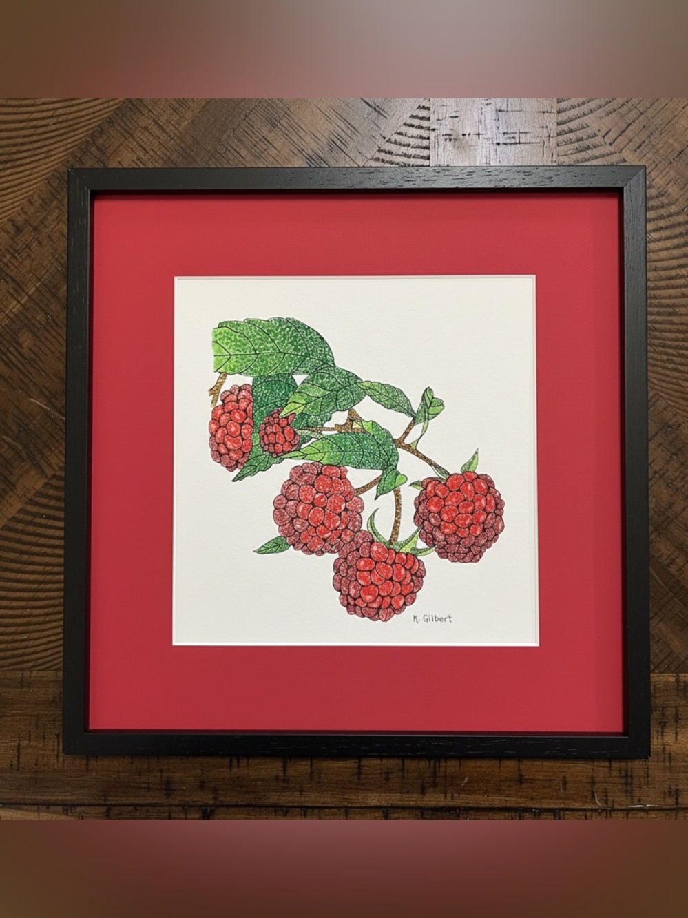 Raspberry Botanical Dot Painting – Original Watercolor (12x12, Matted) - Picture 2 of 3